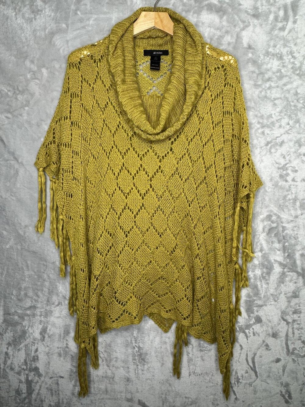 Ali Miles Sweater Poncho Womens M Yellow Cowl Neck Fringe Knit Boho Cape Artsy